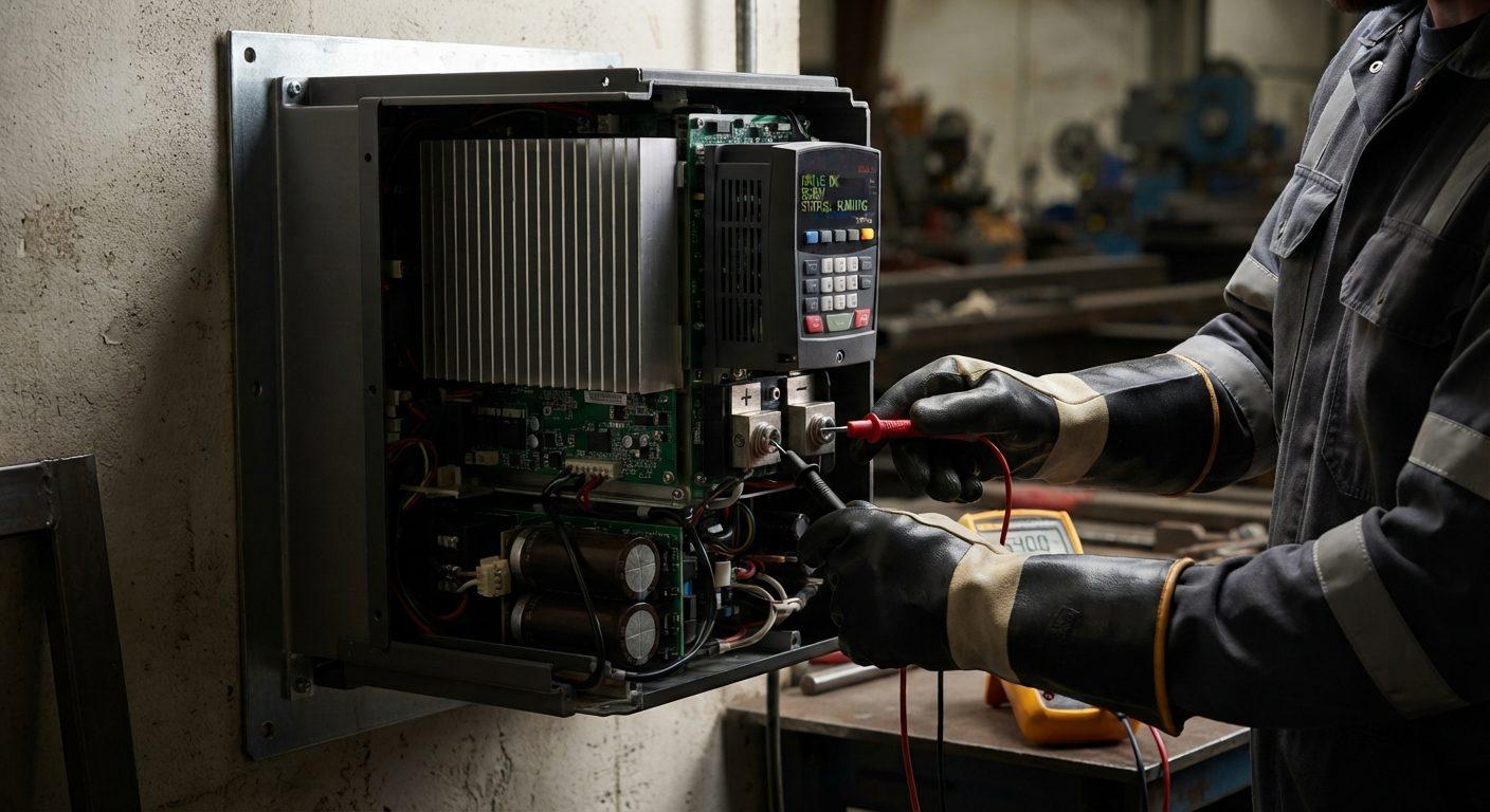 Technician measuring DC bus voltage on an open variable frequency drive with a multimeter