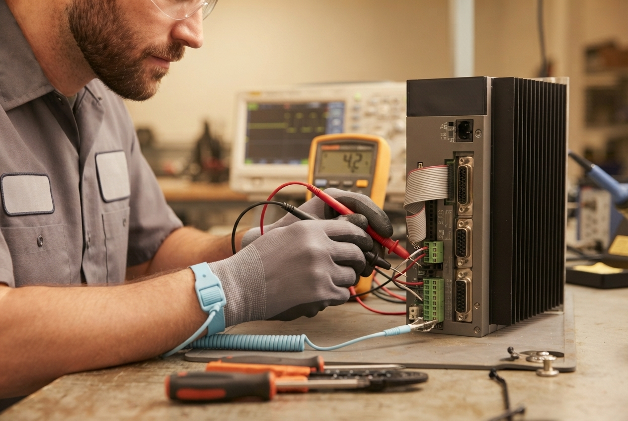 Technician testing a servo drive amplifier with a multimeter at an ESD-protected repair bench.