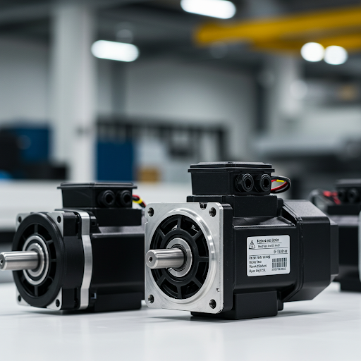 Industrial servo motors lined up for diagnostics and repair