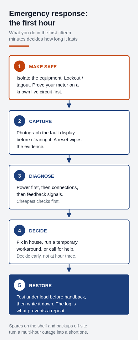 Five-stage emergency response sequence: make the equipment safe and isolate it; capture the fault code and conditions before resetting; diagnose power, connections and feedback in that order; decide between an in-house fix, a temporary workaround, or external help; then restore under load and document the failure.
