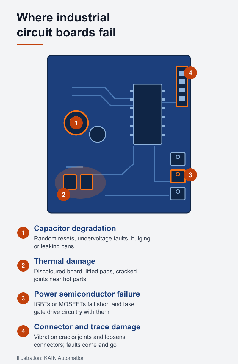Diagram of an industrial drive board showing four common failure points: capacitor degradation, thermal damage, power semiconductor failure, and connector and trace damage.